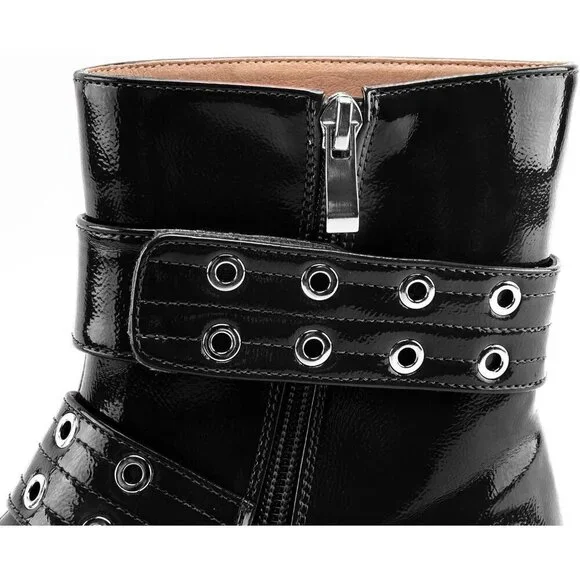 🆕Women Black Ankle Wide Buckle Boots Pointed Low Heel Boot Pull Fashion Boots - Picture 4 of 7
